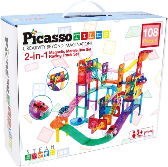 Tactic Picasso Tiles - Constructiespeelgoed - Magnetic Tiles - Magnetische Tegels - Knikkerbaan en Race Track met 2 LED auto's: 108-delig van Merkloos