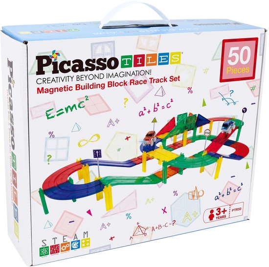 Tactic Picasso Tiles - Constructiespeelgoed - Magnetic Tiles - Magnetische Tegels - Race Track met 2 LED auto's: 50-delig van PicassoTiles