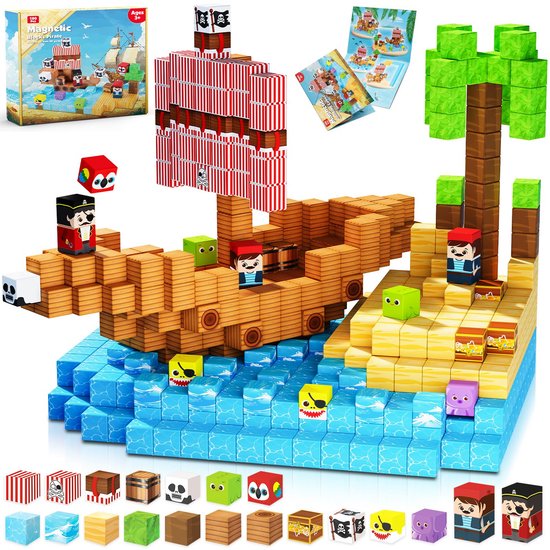 Taishengda - Magnetische bouwblokken, 100 stuks - Piratenschip met schatten | Avontuur op volle zee | Magnetische bouwblokken als paasgeschenk vanaf 4 jaar van Merkloos