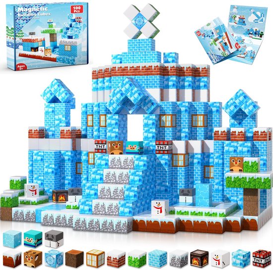 Taishengda - Magnetische bouwblokken met 100 stuks magnetische blokjes. Bouw je eigen ijs- en sneeuwwereld. Montessori magnetisch speelgoed voor jongens en meisjes van 4, 5, 6, 7, 8 en 9 jaar. Magnetische bouwblokken als cadeau voor van Merkloos