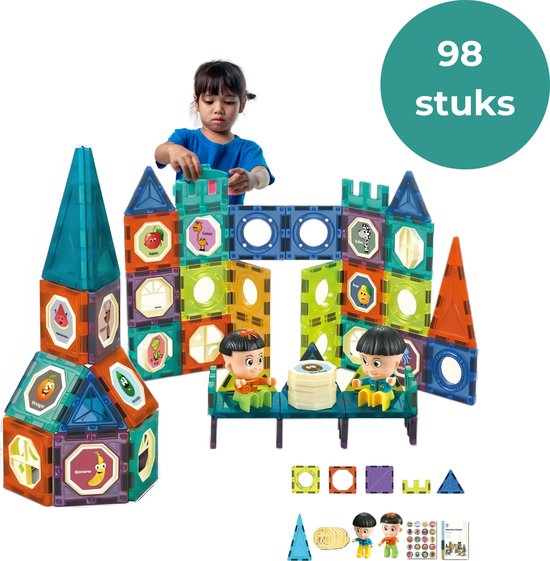 Teedz - Magnetic Tiles - Magnetisch Speelgoed - 98 stuks - Constructie speelgoed - Magnetische tegels - Montessori speelgoed - Magnetic toys - Magnetische bouwstenen - Speelgoed Kinderen - Speelgoed vanaf 3 jaar - STEM speelgoed van Teedz