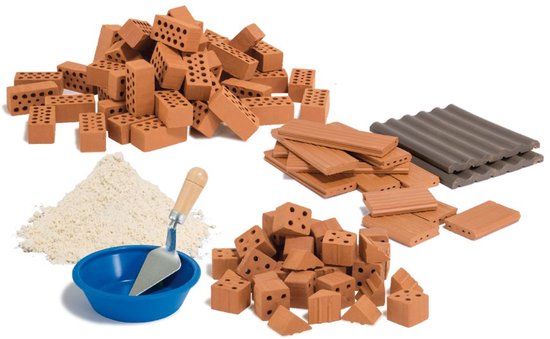 Teifoc® Bouwdoos - Accessoires Set – 100-delig – Met echte mini bakstenen, dakpannen, mortel en troffel – Aanvulset voor bouwsets – Vanaf 6 Jaar van Merkloos