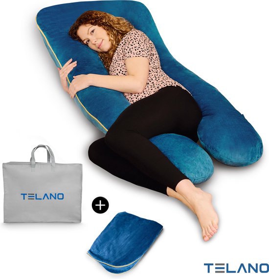 Telano Zwangerschapskussen XXL - Extra Hoes en Opbergtas - Exclusieve Gouden Rits - Velvet Stof - Voedingskussen - U vorm - Extra groot - Zijslaapkussen - Blauw van T