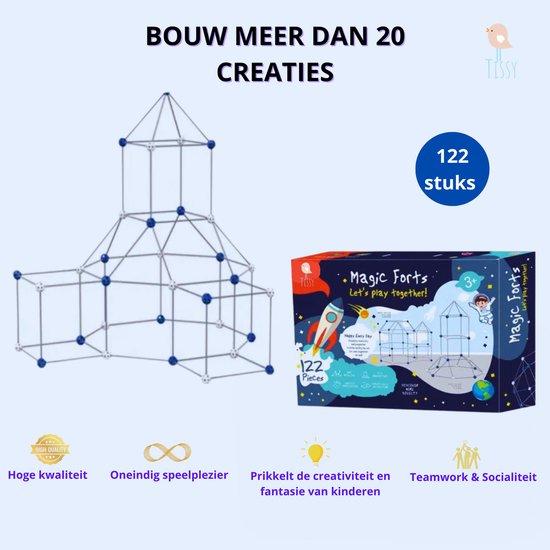 Tissy® - Bouw je Eigen Fort - Premium Kwaliteit -Constructie Speelgoed - Bouwset Hut - Bouwpakket Tent - 122 stuks - Bouw je Eigen Tent - Bouwset - Hutten Bouwen - Montessori - Geschikt voor binnen en buiten - Leerzaam -Cadeau-Speelgoed- Sinterklaas van Tissy