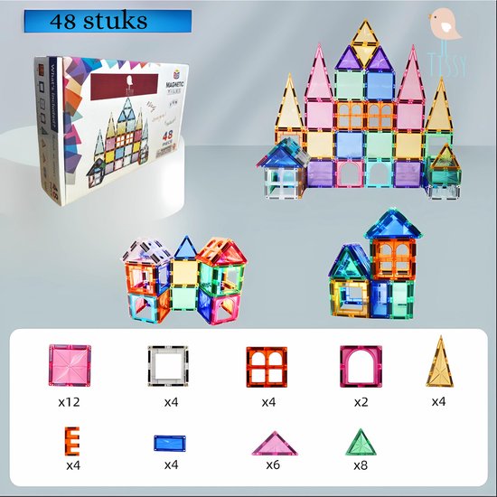 Tissy® - Magnetisch Speelgoed - Magnetic Tiles - Bouwspeelgoed - 48 Stuks - Bouwblokken - Magna Minds - Magneten Speelgoed - Magnetische Tegels - Bouwstenen - Montessori Speelgoed - Educatief Speelgoed - Jongens & Meisjes - Cadeau van Tissy