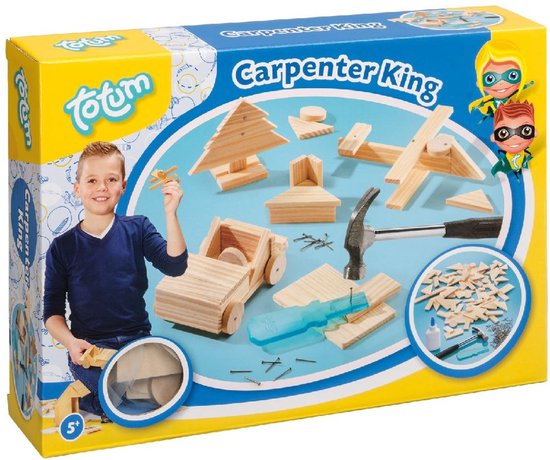 Totum Carpenter King junior Timmerset met hout en hamer - educatief constructie speelgoed bouwset - leren timmeren jongens en meisjes junior van Merkloos