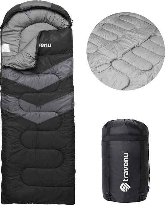 Travenu 4-Seizoenen Slaapzak - Met Zachte Katoenen Vulling - Dekenmodel met Ritssluiting - Voor Camping en Kamperen - Zomerslaapzak Festival Seizoen 2024 - Zwart / Volwassenen van Travenu