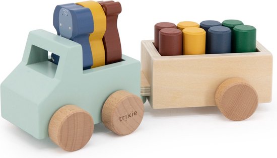 Trixie Houten Dierenauto met aanhangwagen - Houten speelgoed - Peuter- en kleuterspeelgoed - Educatief - Auto van Trixie