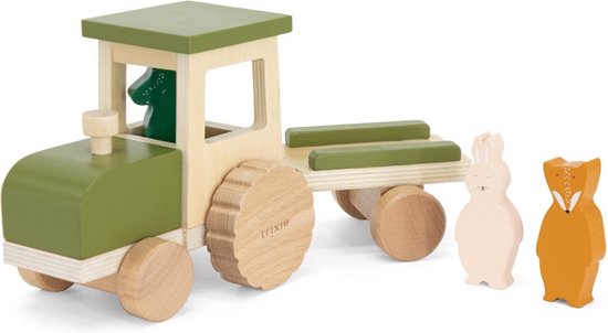 Trixie Houten Tractor met aanhangwagen - Houten speelgoed - Peuter- en kleuterspeelgoed - Educatief - Auto van Trixie