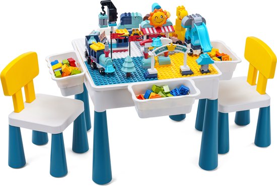 【Ultieme Bouwtafel incl. 173 Blokken】Compatibel met LEGO & DUPLO - Kindertafel met 2 Stoeltjes en 4 Bakjes - Blokkentafel - Speeltafel - Knutseltafel - Zandbak - Waterspeelbak - 2* Bouwplaat voor Grote Bouwstenen Kleine Bouwstenen【WonderMind BT-S002】 van $