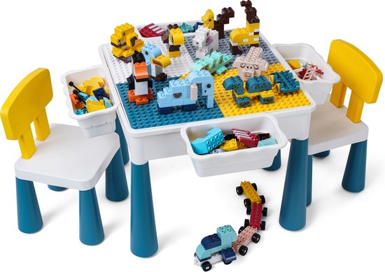 【Ultieme Bouwtafel incl. 230 Blokken】Compatibel met LEGO & DUPLO - Kindertafel met 2 Stoeltjes en 4 Bakjes - Blokkentafel - Speeltafel - Knutseltafel - Zandbak - Waterspeelbak - 2* Bouwplaat voor Grote Bouwstenen Kleine Bouwstenen【WonderMind BT-S001】 van $