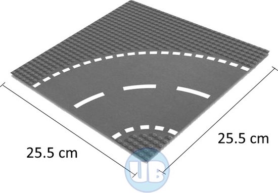 Uniblocks City wegenplaat bocht - 25,5 x 25,5 cm | City wegplaat recht - bocht -Tsplitsing - kruising | combineer met Lego wegenplaten | grondplaten 32x32 noppen | afmeting25, 5 m x 25,5cm |wegen | auto's | Geschikt voor LEGO | wegplaat van Uniblocks