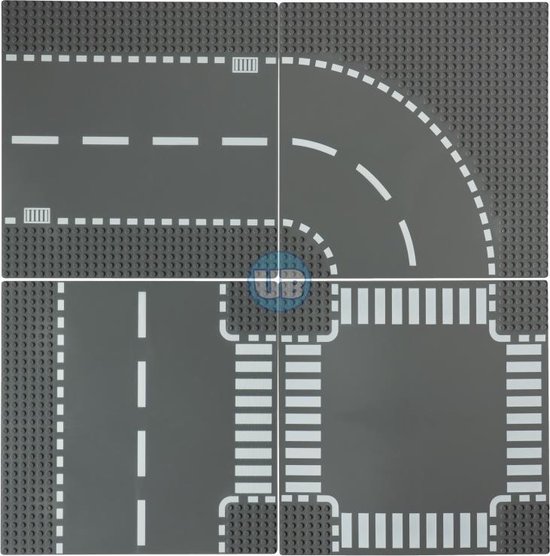 Uniblocks City wegenplaten voordeel set 4-8-12-16 stuks | City wegenplaat recht - bocht - Tsplitsing - kruising | combineer met Lego wegenplaten | grondplaten 32x32 noppen | afmeting 25, 5 m x 25,5cm |wegen | auto's | Geschikt voor LEGO | wegplaat van Uniblocks
