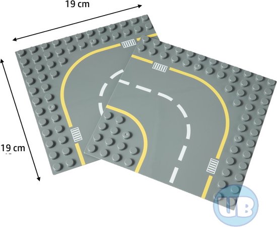 Uniblocks | Wegenplaat bocht - 19 x 19 cm - 2 stuks | 2 stuks | Bouwplaat geschikt voor Duplo |wegen | stad | city | wegplaat | auto’s | combineer met DUPLO wegenplaten | bouwplaten van Uniblocks