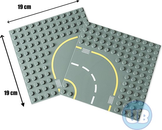 Uniblocks | Wegenplaat tussen bocht - 19 x 19 cm - 2 stuks | 2 stuks | Bouwplaat geschikt voor Duplo |wegen | stad | city | wegplaat | auto’s | combineer met DUPLO wegenplaten | bouwplaten van Uniblocks