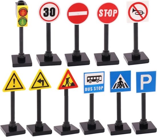 verkeersborden set geschikt voor Lego, set van 10 verkeersborden en voetgangerslicht, uitbreidingsset van VER
