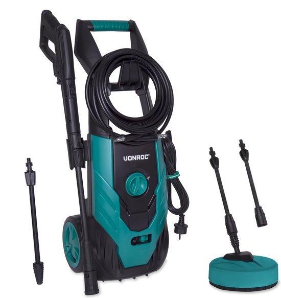 VONROC Hogedrukreiniger V18-2 1800W – 140 bar – 420 l/h – Incl. 8m slang, geïntegreerde reinigingsmiddelen tank, terrasreiniger, spuitstukken en accessoires van VONROC