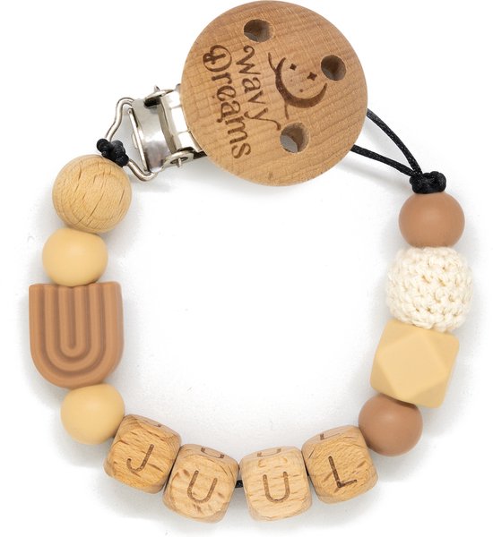 Wavy Dreams - Speenkoord met naam - Jongen Meisje Unisex - Kraamcadeau - Zand Pastel - Speenketting met naam- Model Juul van Wavy Dreams