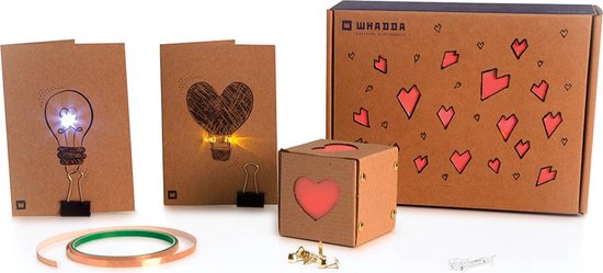 Whadda Tape-o-Tronics knutseldoos, creatieve DIY-projecten met karton en leds, solderen is optioneel, perfect voor makers en knutselliefhebbers, thema: valentijn, hartjes van Whadda