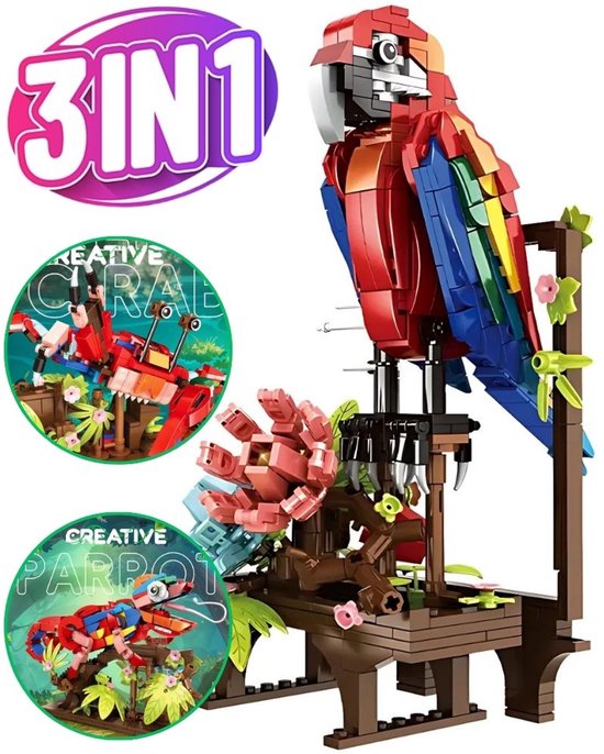 Woma - 3 in 1 Exotische Dieren bouwpakket | Papegaai kameleon crab met bloemen | Classic Creator STEM speelgoed | Compatibel met lego mould king sluban mega | Icons modelbouw bloemenpracht volwassenen & kinderen | 593 bloks van WOMA
