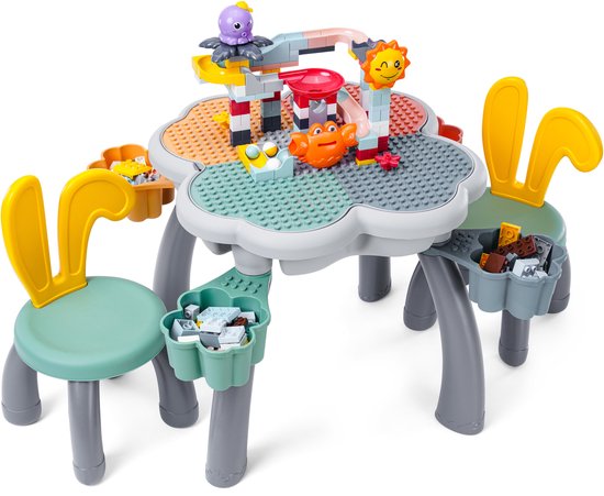 WonderMind Speeltafel BTF003 - Geschikt voor Duplo - Met 2 Stoelen En 4 Speelgoed Opbergvakken - Kindertafel - Incl. 152 Bouwblokken Voor Knikkerbaan van Merkloos