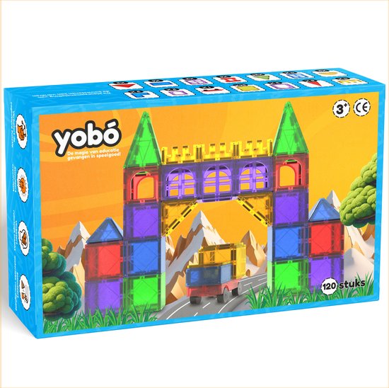 Yobó Original 120 Stuks - Magnetic Tiles – BPA Vrij – Sterke Magneten – Magnetisch Bouwspeelgoed – Magna Speelgoed - Magnetische Tegels - Speelgoed 3 jaar t/m 12 jaar van Yobó