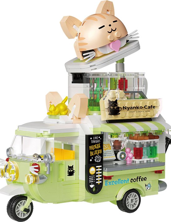 Zhe Gao Katten Cafe Truck | City & Friends Adventure | Retro Kawaii food truck | Classic Creator STEM speelgoed bouwpakket | Kermis & Pretpark Auto modelbouw voor kinderen & volwassenen | 656 bouwstenen (niet compatibel met Mould King of Lego stenen) van Zhe Gao
